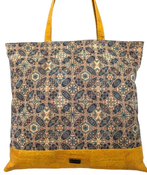 Bruna Cork Tote Bag Yellow and Blue Tile