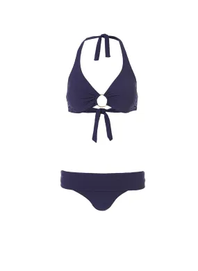 Brussels Navy Zigzag Halterneck Ring Supportive Bikini