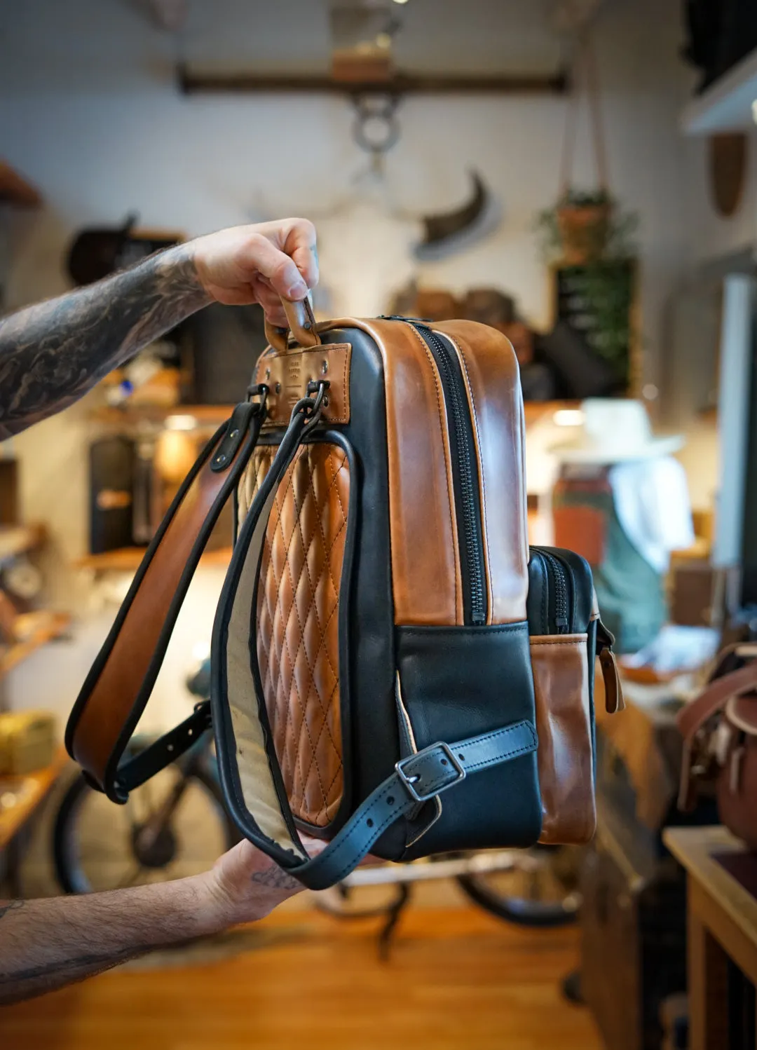 Commuter Backpack (Two Tone: Horween English Tan   Flat Black)