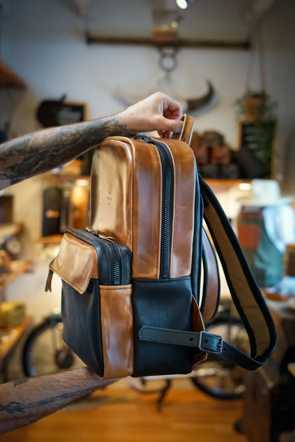 Commuter Backpack (Two Tone: Horween English Tan   Flat Black)