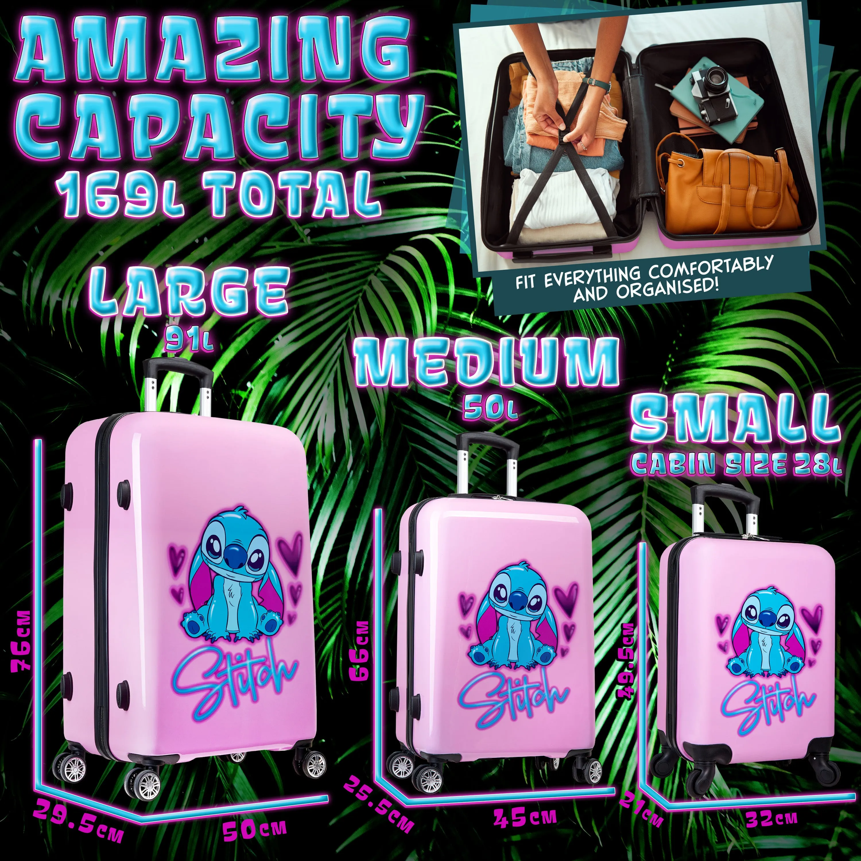 Disney Suitcase 3 Pc Set Hard Shell Luggage Set 28L, 50L and 91L, 4 Wheels Combi Lock