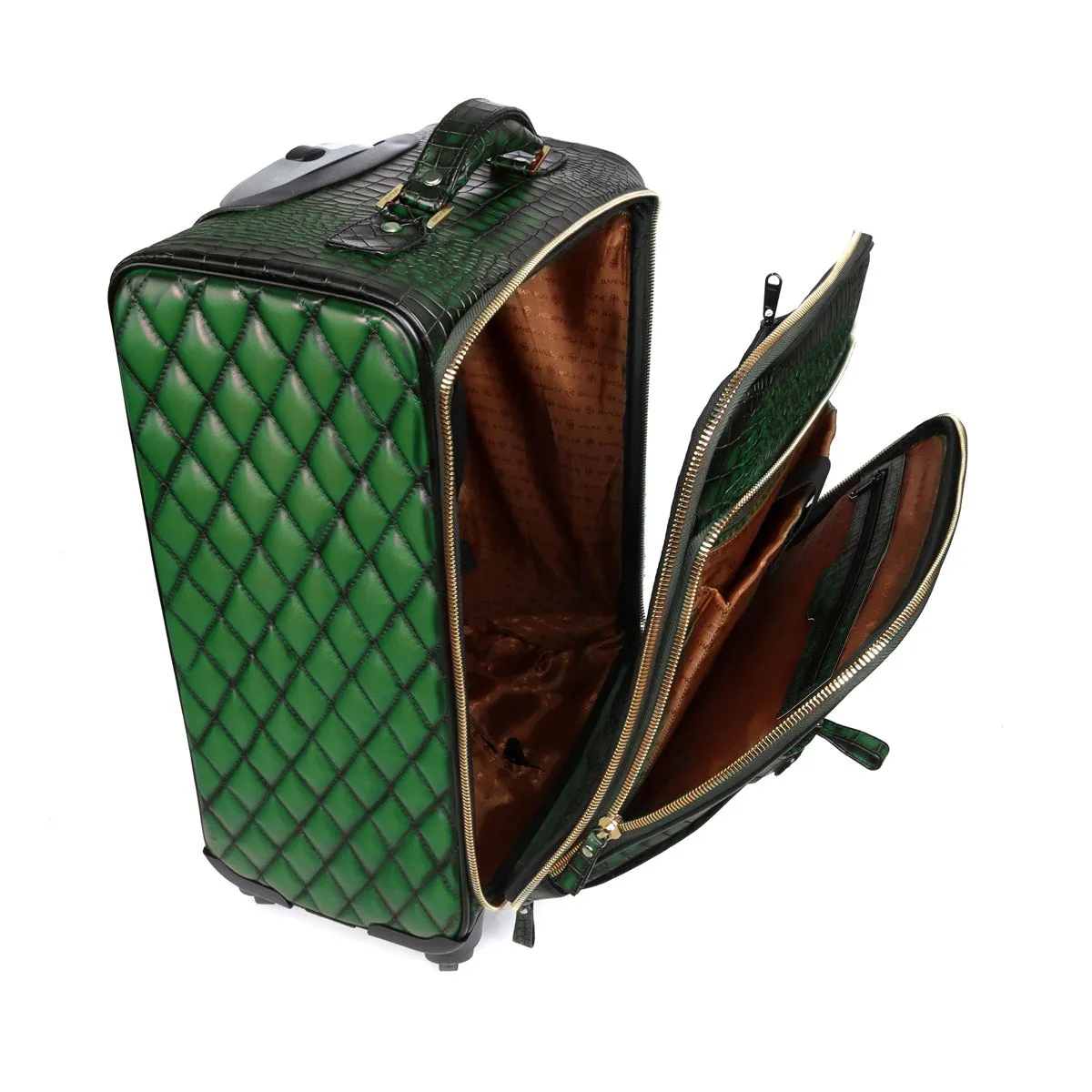 Luggage Trolley Bag In Croco Textured Smokey Green Leather