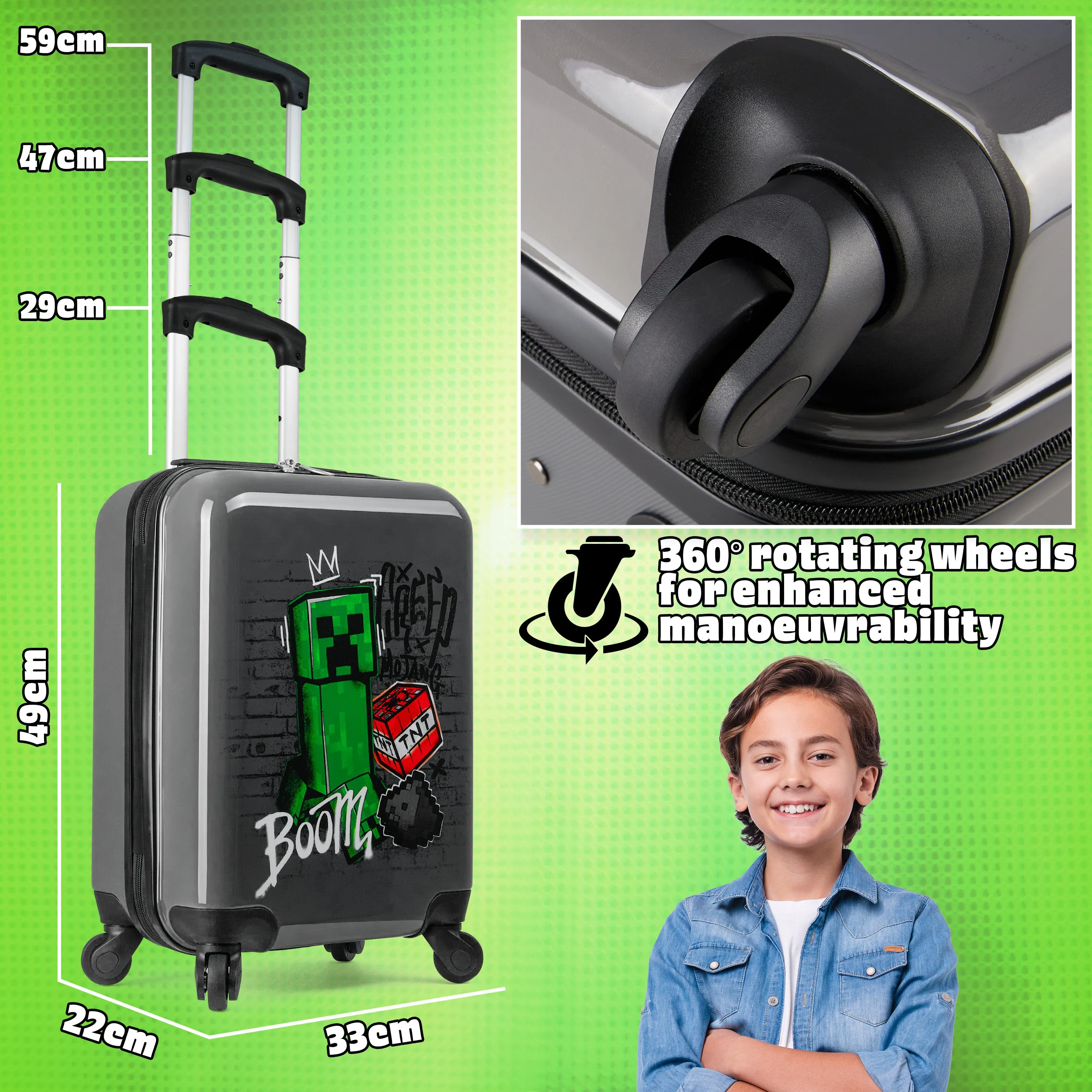 Minecraft Carry On Suitcase for Kids, Creeper Cabin Bag with Wheels