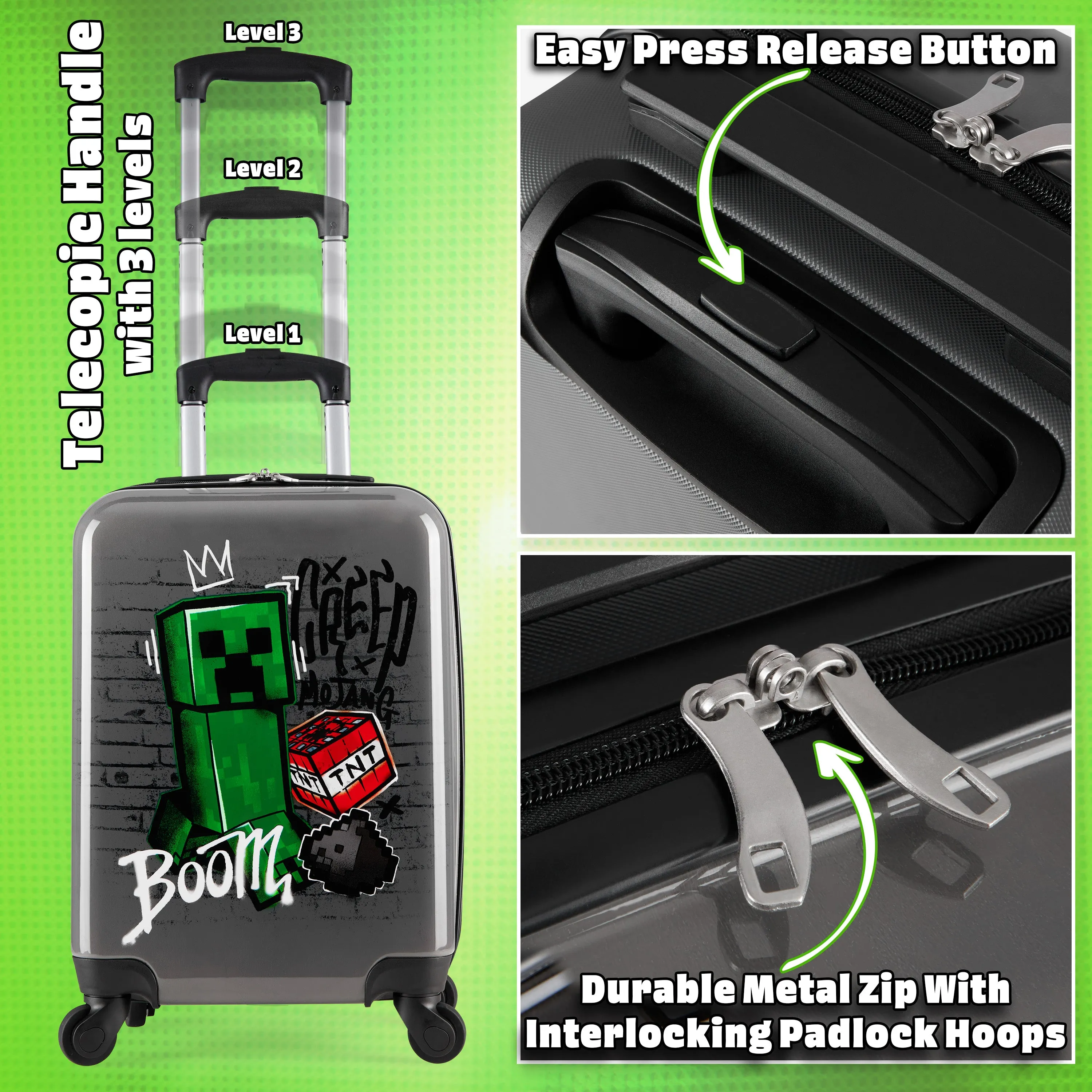 Minecraft Carry On Suitcase for Kids, Creeper Cabin Bag with Wheels
