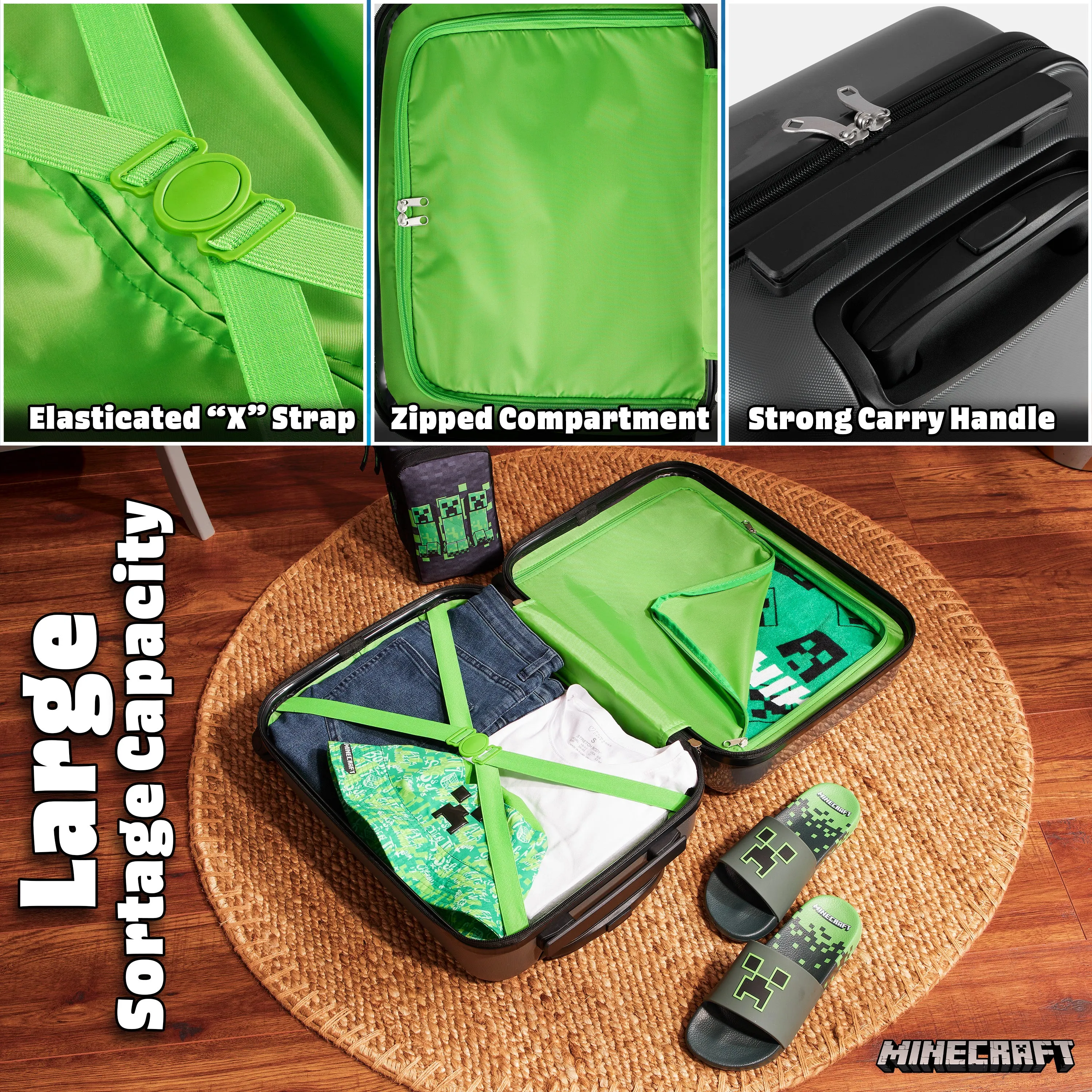 Minecraft Carry On Suitcase for Kids, Creeper Cabin Bag with Wheels