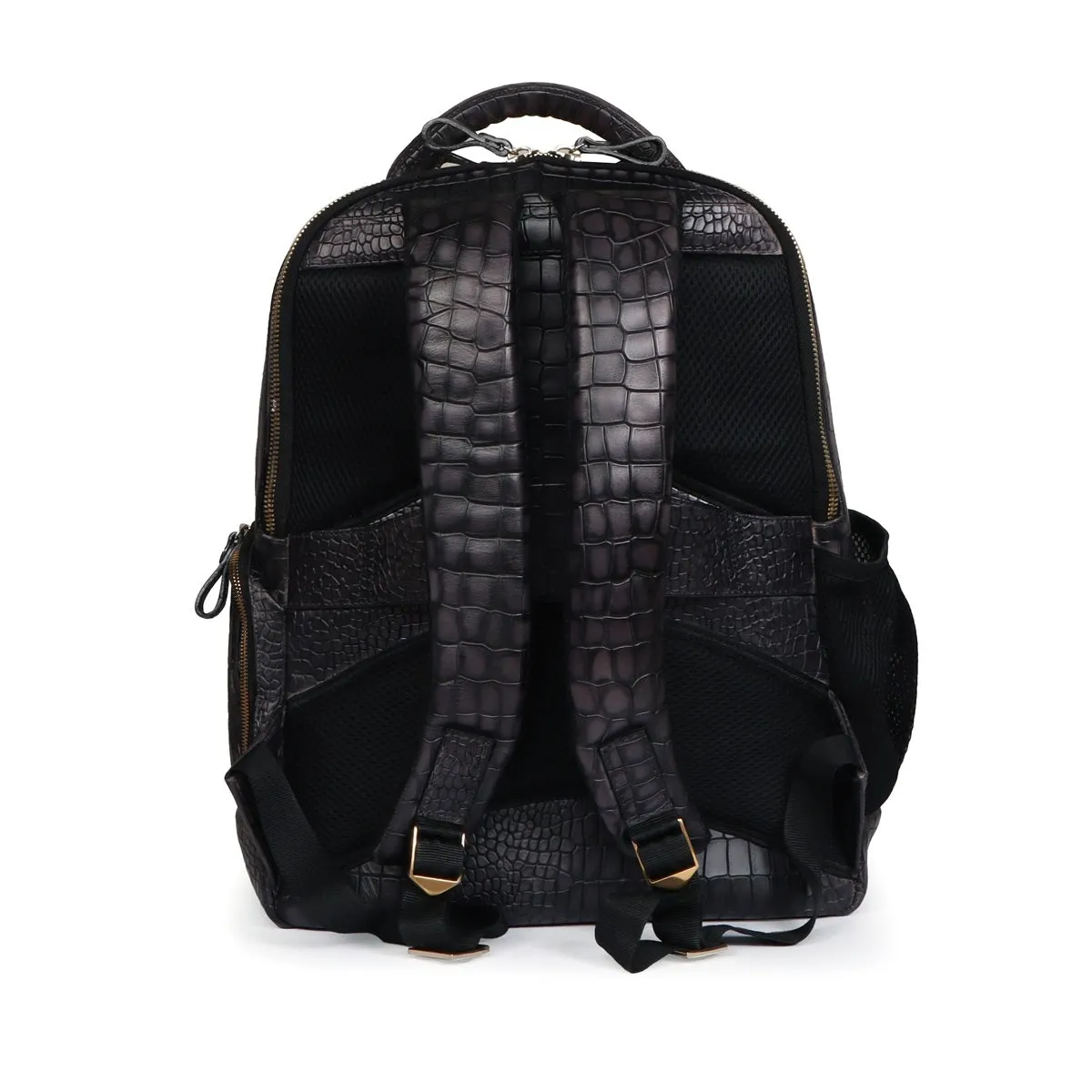 Smokey Grey Embossed Lion with Mini Lion Logo Croco Textured Hand Painted Leather Backpack by Brune & Bareskin