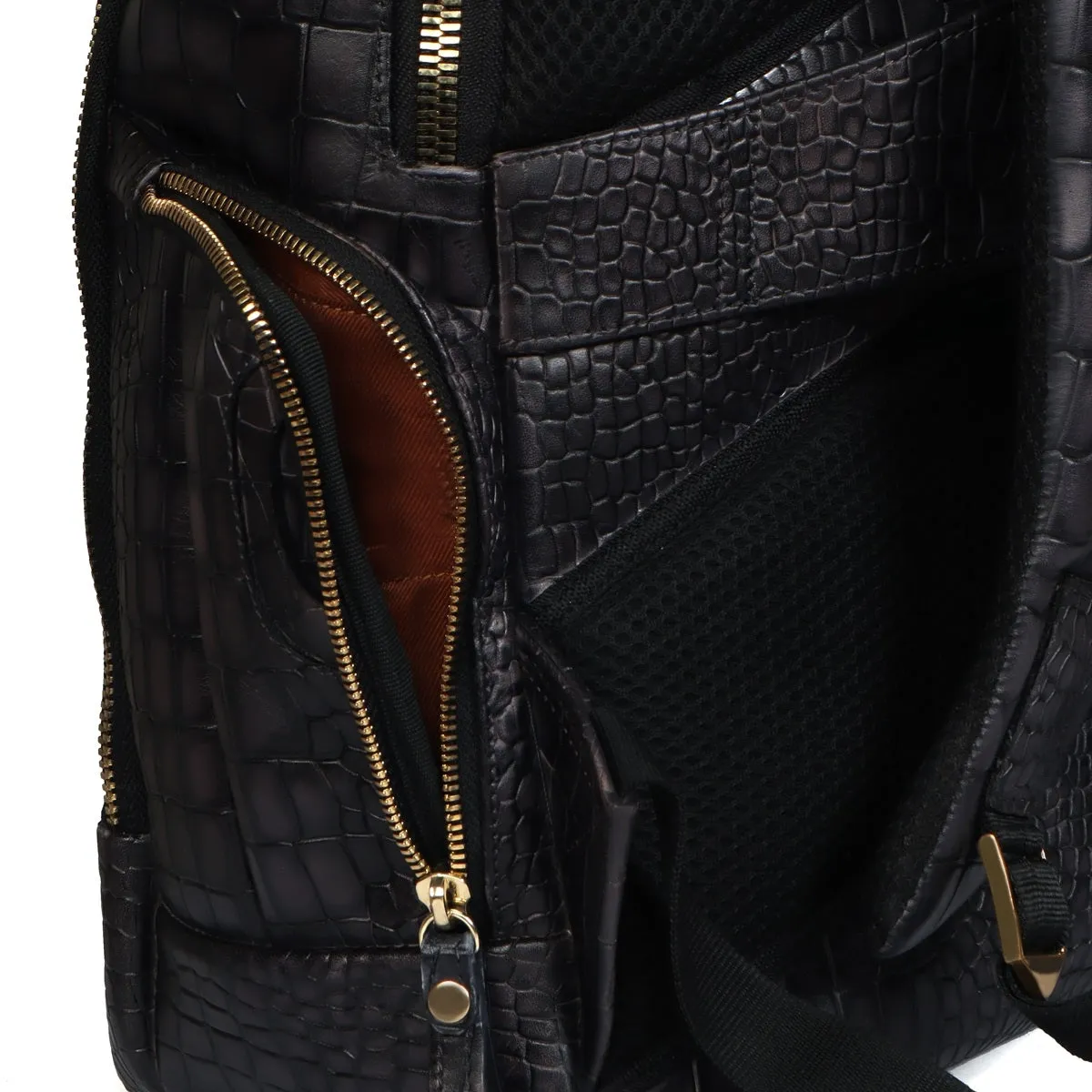Smokey Grey Embossed Lion with Mini Lion Logo Croco Textured Hand Painted Leather Backpack by Brune & Bareskin
