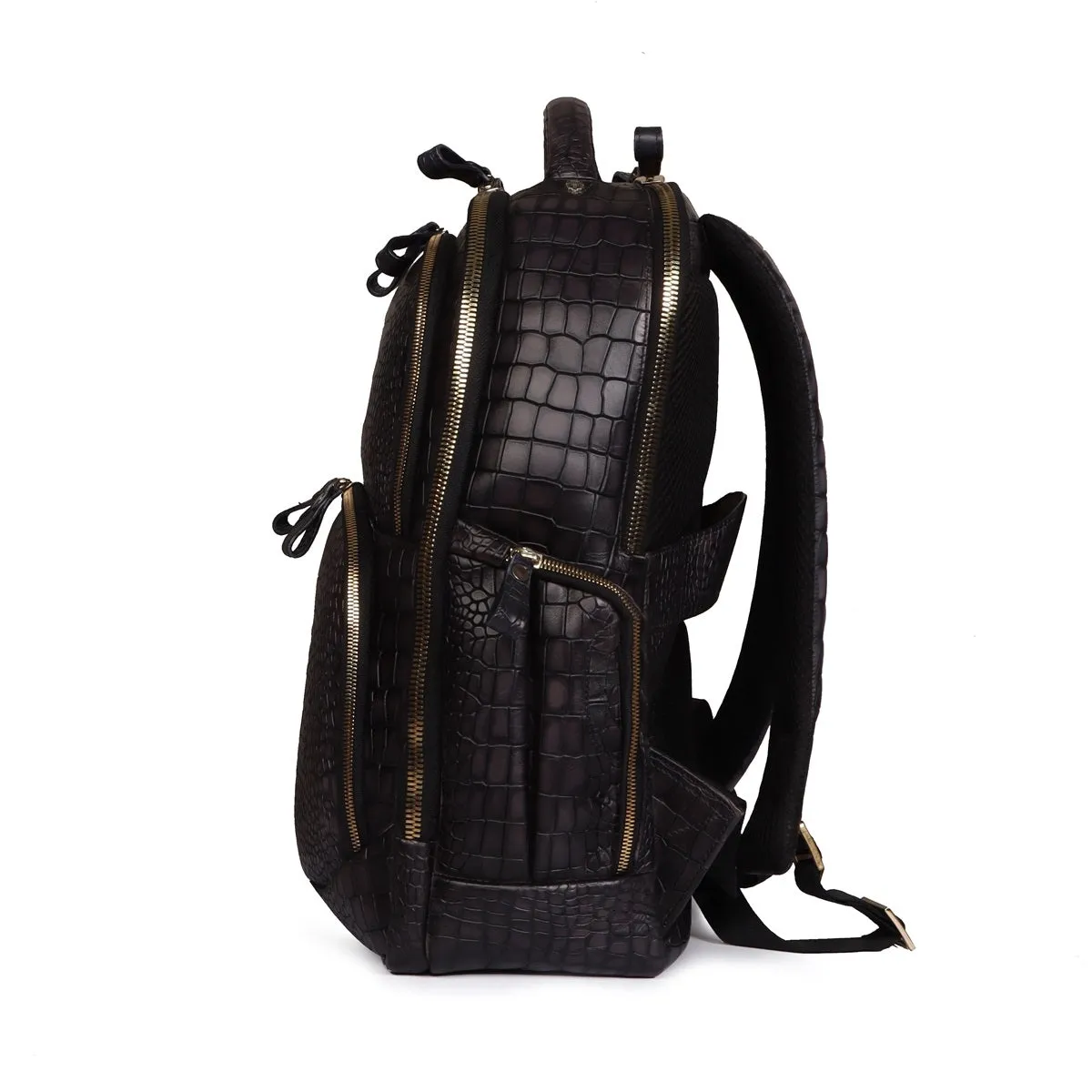 Smokey Grey Embossed Lion with Mini Lion Logo Croco Textured Hand Painted Leather Backpack by Brune & Bareskin