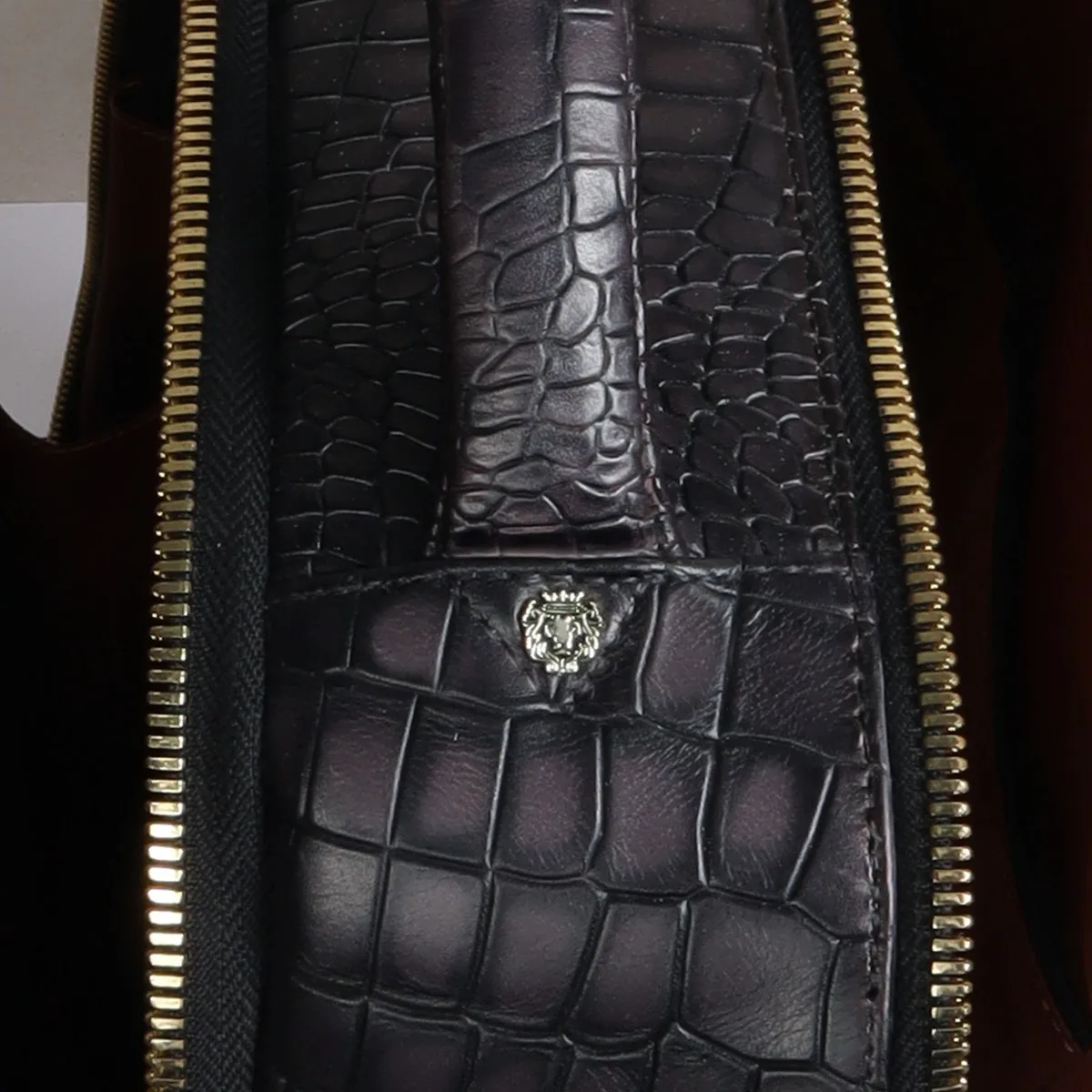 Smokey Grey Embossed Lion with Mini Lion Logo Croco Textured Hand Painted Leather Backpack by Brune & Bareskin