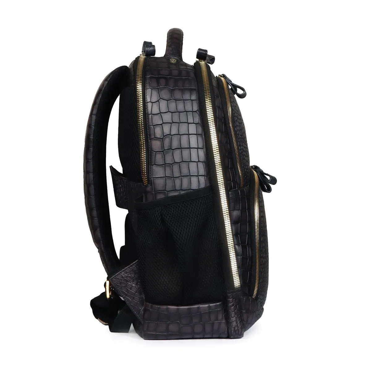 Smokey Grey Embossed Lion with Mini Lion Logo Croco Textured Hand Painted Leather Backpack by Brune & Bareskin