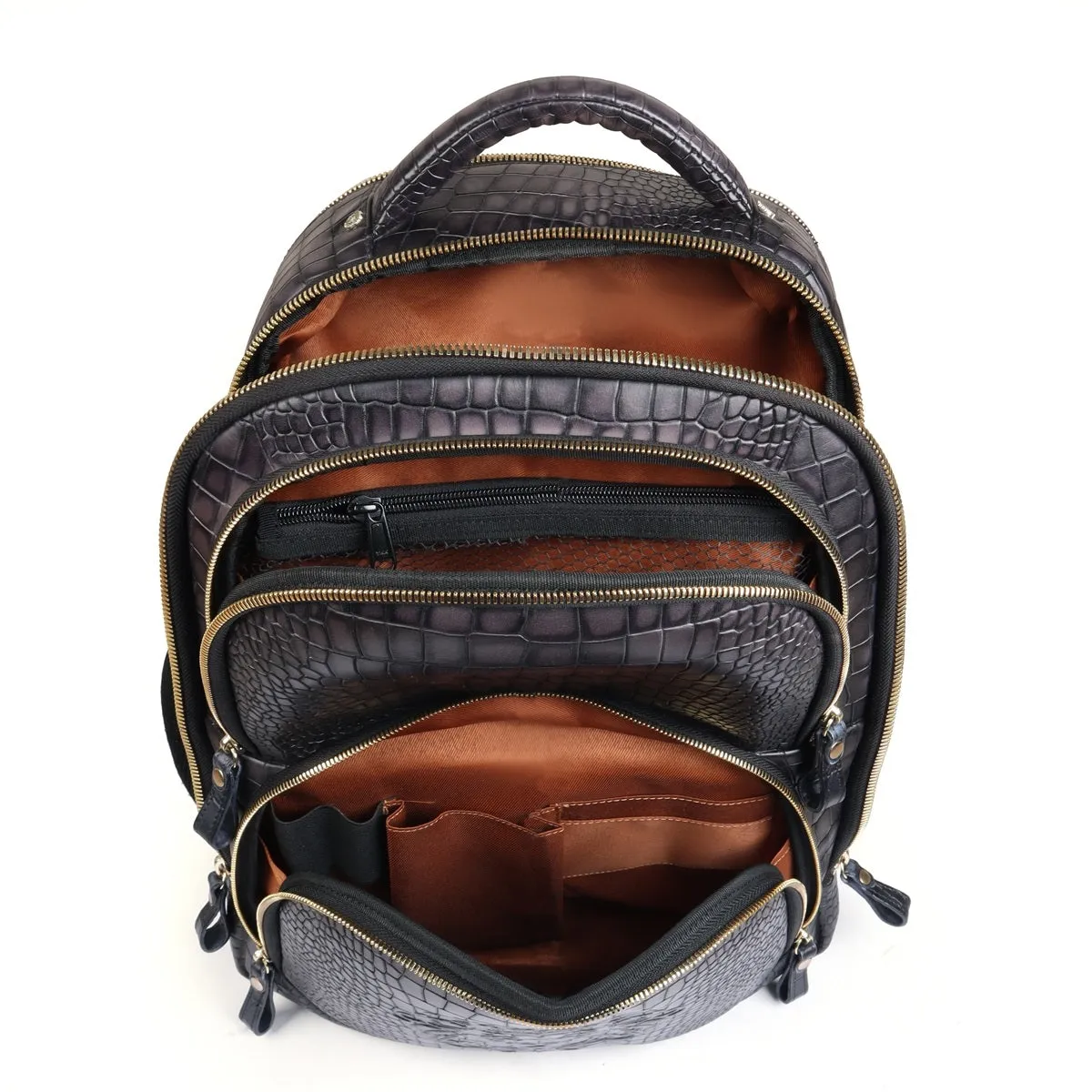 Smokey Grey Embossed Lion with Mini Lion Logo Croco Textured Hand Painted Leather Backpack by Brune & Bareskin