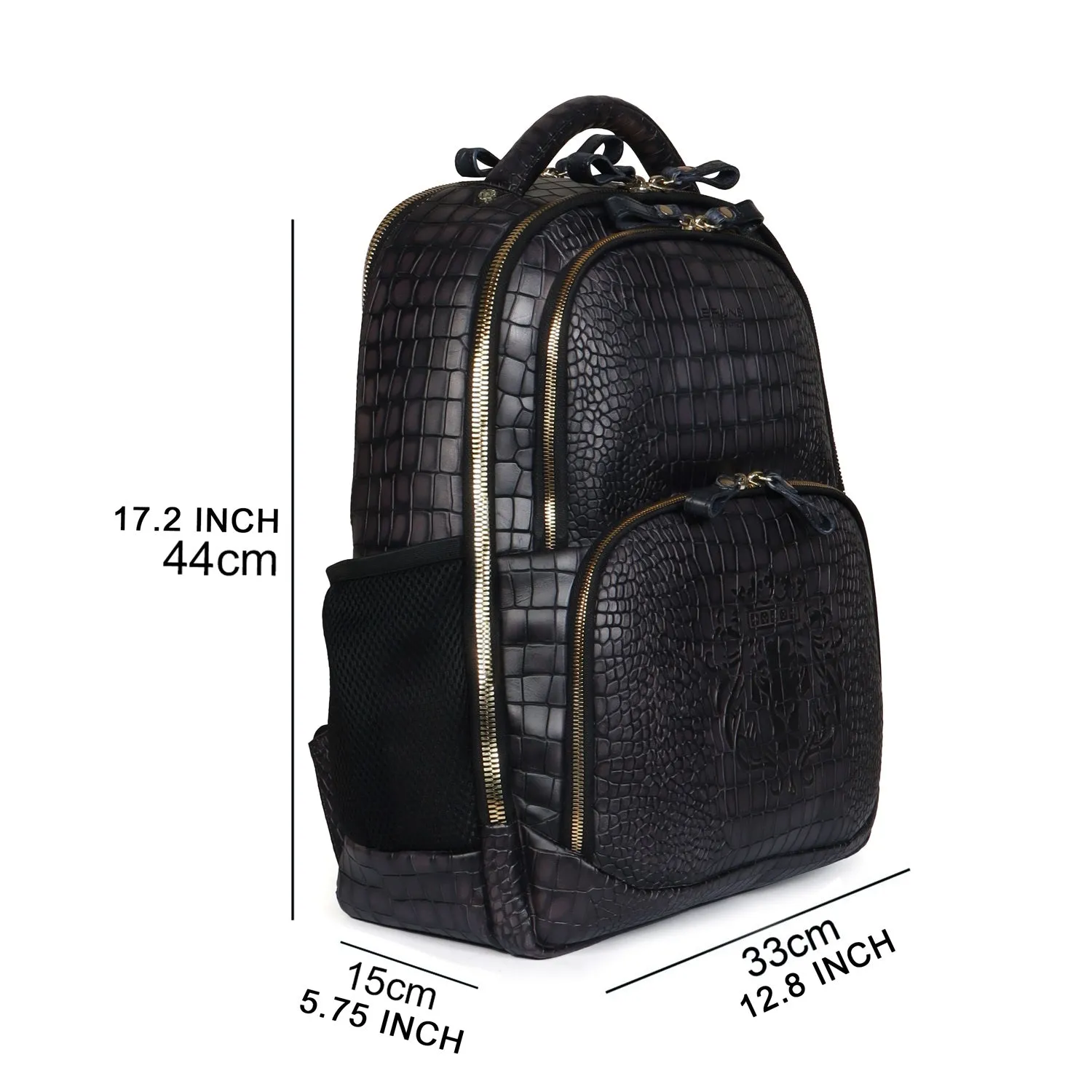 Smokey Grey Embossed Lion with Mini Lion Logo Croco Textured Hand Painted Leather Backpack by Brune & Bareskin