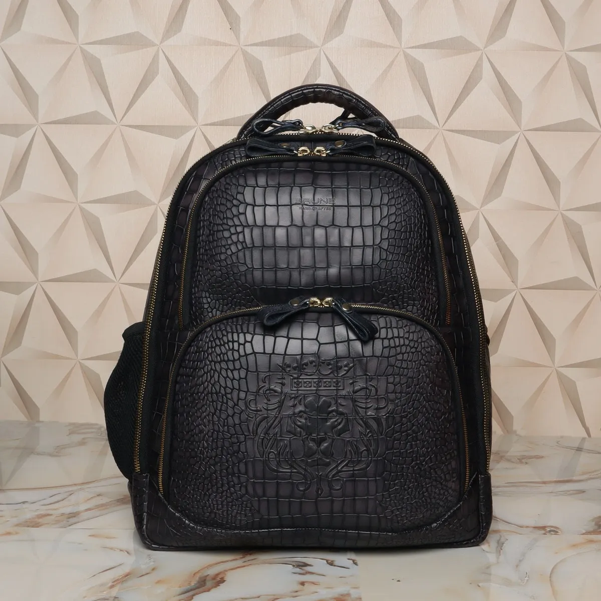 Smokey Grey Embossed Lion with Mini Lion Logo Croco Textured Hand Painted Leather Backpack by Brune & Bareskin