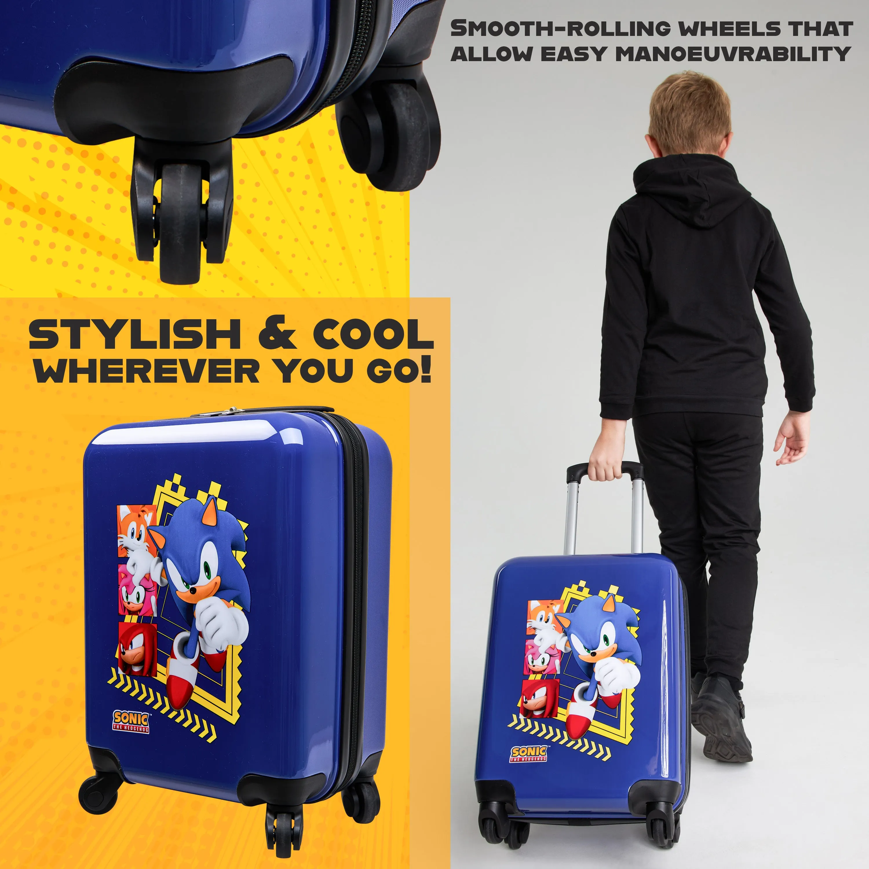 SONIC THE HEDGEHOG Suitcase for Kids, Travel Luggage 49 x 33 x 22cm, 30L Capacity, 4 Wheels - Gamer Travel Essentials