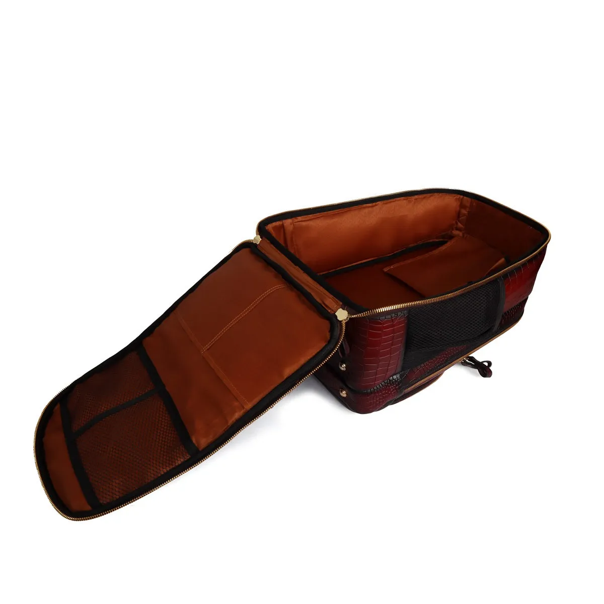 Suitcase Opening Travel Backpack Wine Embossed Lion Croco Leather Diamond Stitched by Brune & Bareskin