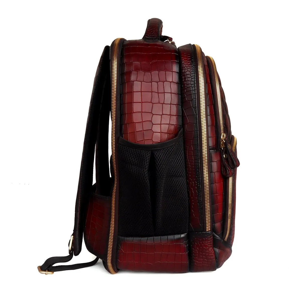 Suitcase Opening Travel Backpack Wine Embossed Lion Croco Leather Diamond Stitched by Brune & Bareskin