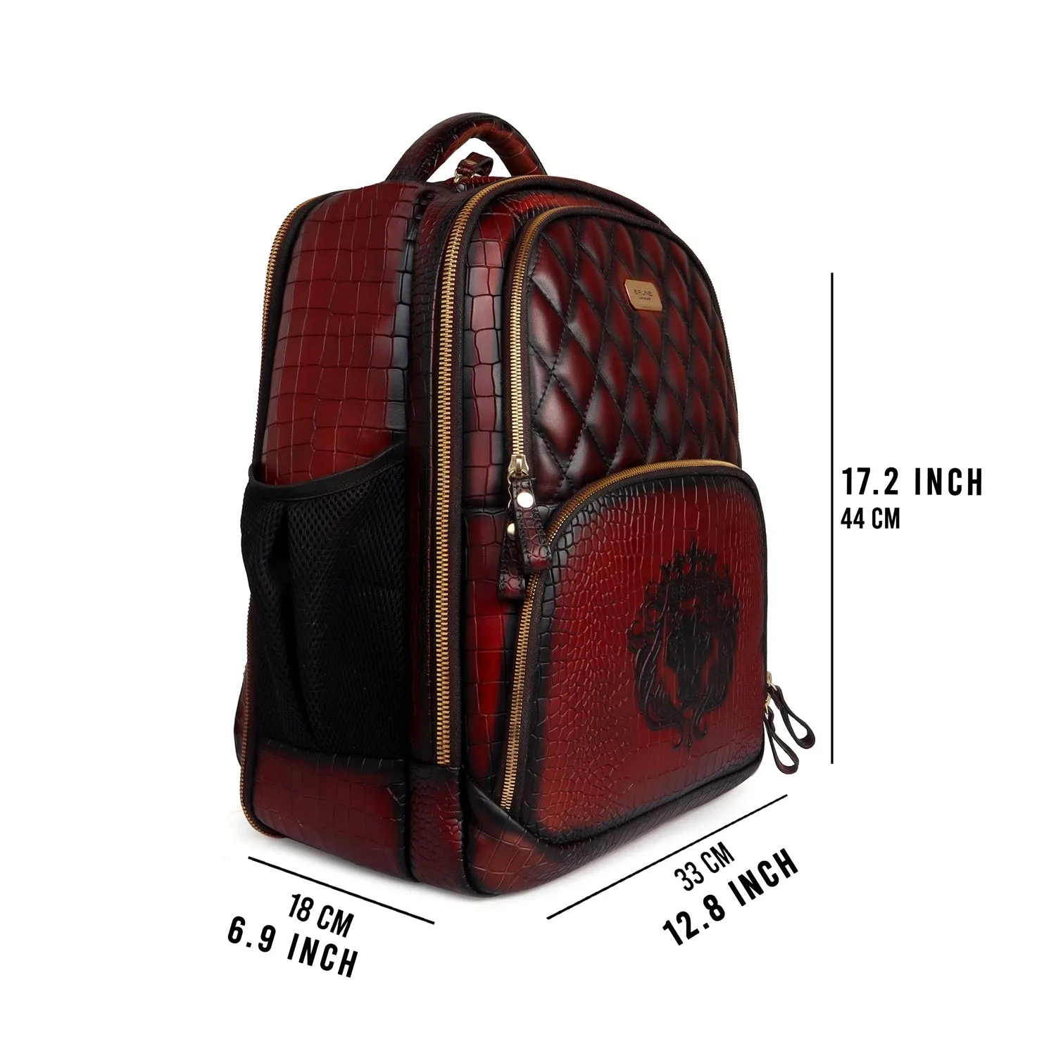 Suitcase Opening Travel Backpack Wine Embossed Lion Croco Leather Diamond Stitched by Brune & Bareskin