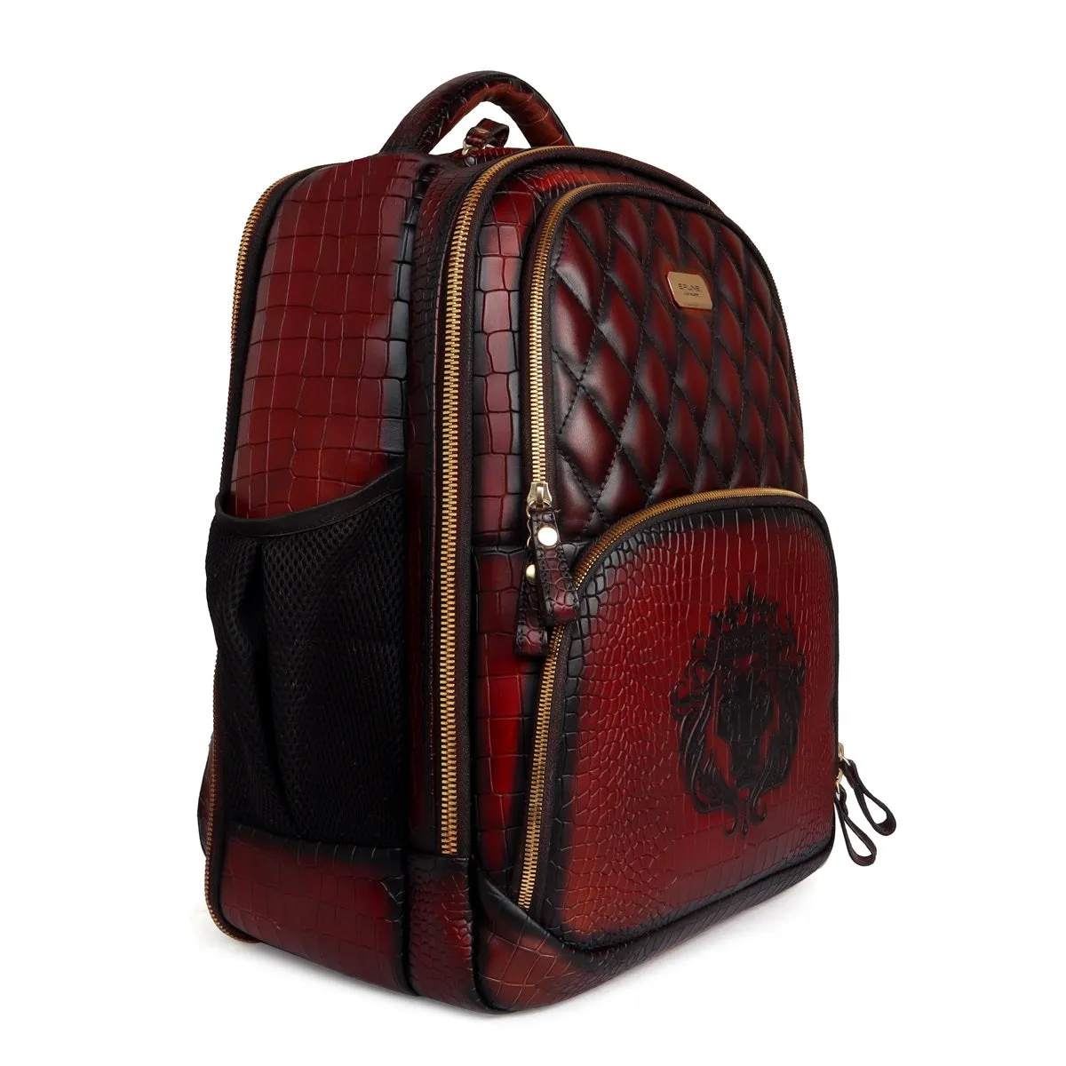 Suitcase Opening Travel Backpack Wine Embossed Lion Croco Leather Diamond Stitched by Brune & Bareskin