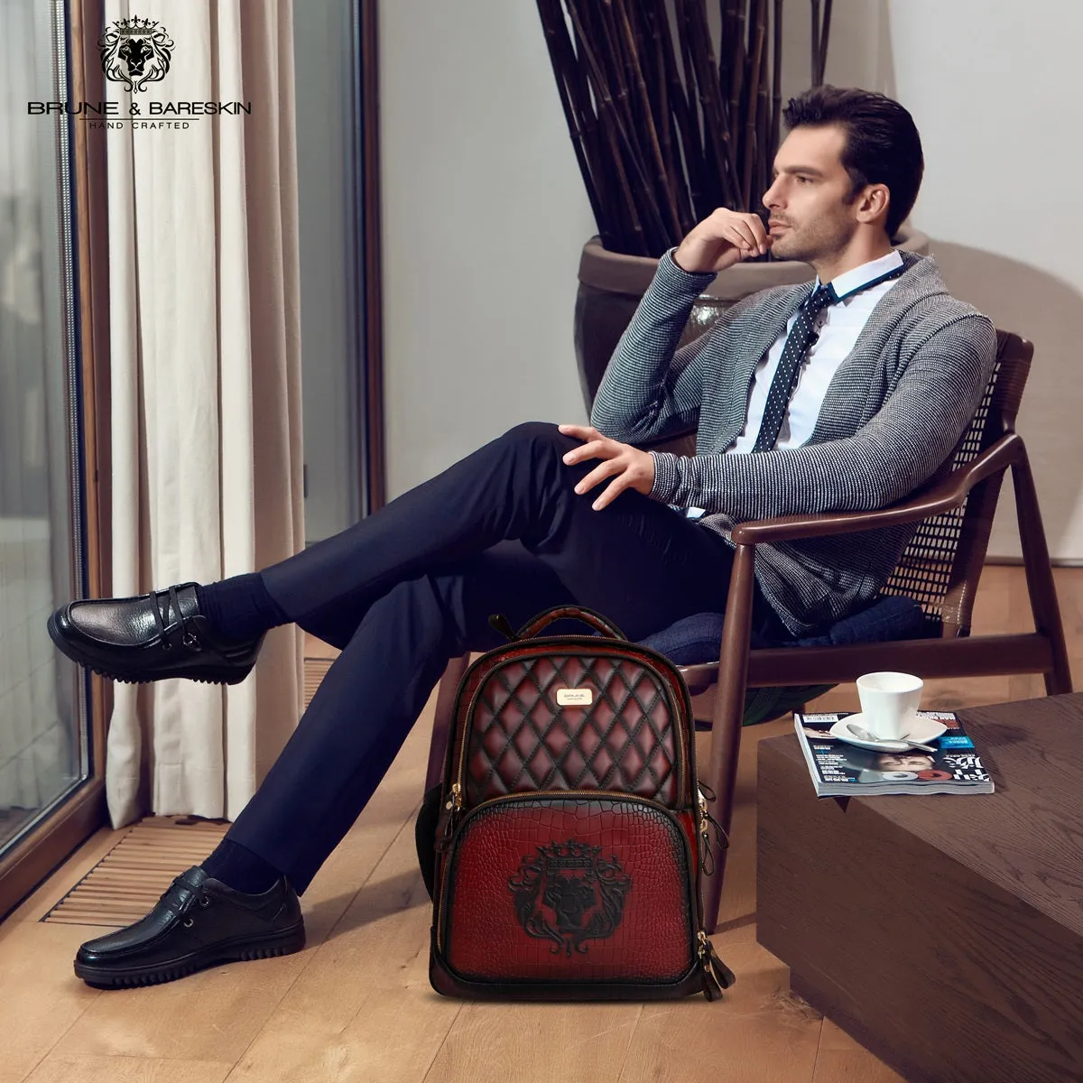 Suitcase Opening Travel Backpack Wine Embossed Lion Croco Leather Diamond Stitched by Brune & Bareskin