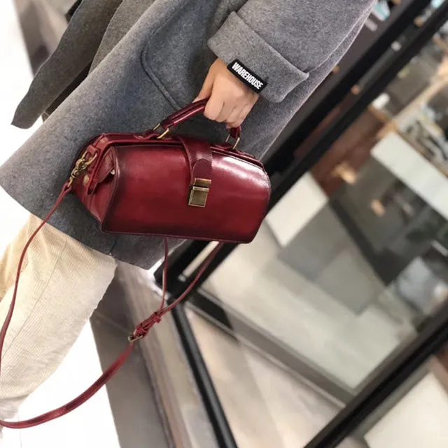 Vintage Women's Doctor Bag Genuine Leather Handbags Shoulder Bags for Women