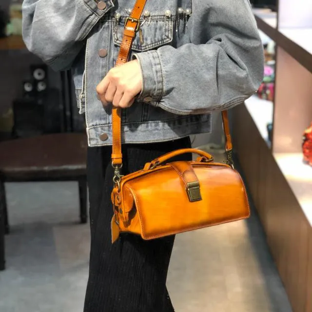 Vintage Women's Doctor Bag Genuine Leather Handbags Shoulder Bags for Women