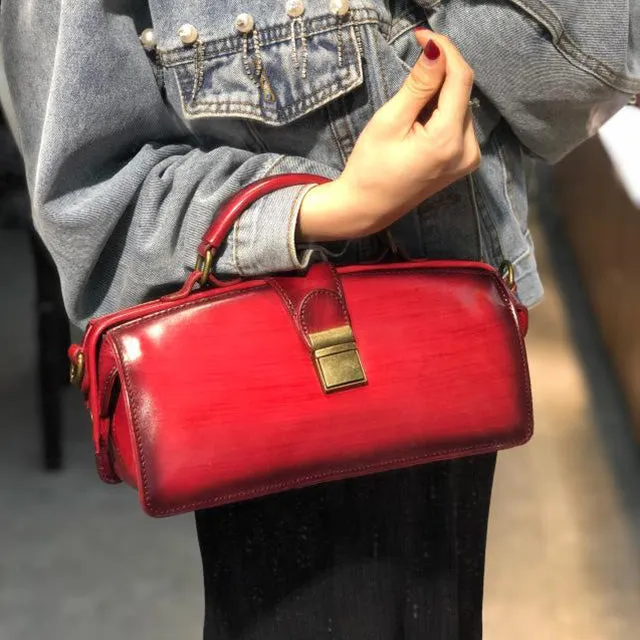 Vintage Women's Doctor Bag Genuine Leather Handbags Shoulder Bags for Women