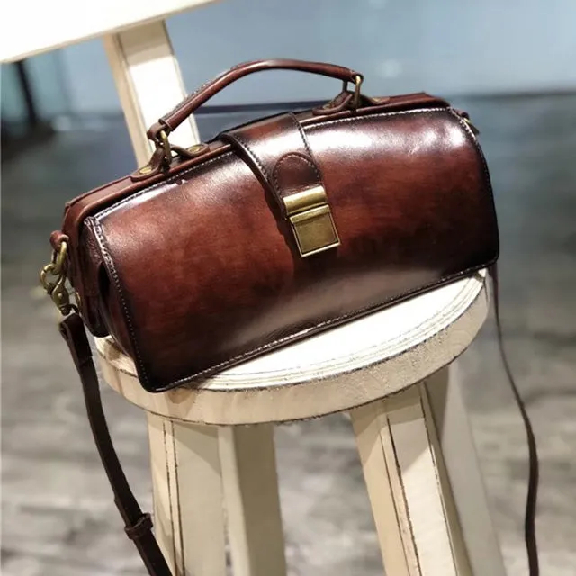 Vintage Women's Doctor Bag Genuine Leather Handbags Shoulder Bags for Women