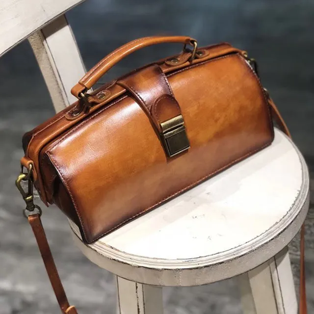 Vintage Women's Doctor Bag Genuine Leather Handbags Shoulder Bags for Women