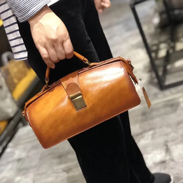 Vintage Women's Doctor Bag Genuine Leather Handbags Shoulder Bags for Women