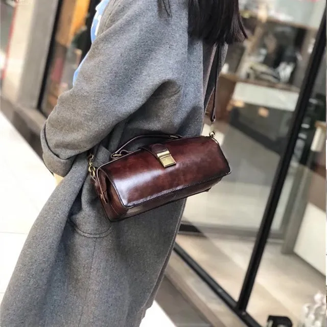 Vintage Women's Doctor Bag Genuine Leather Handbags Shoulder Bags for Women