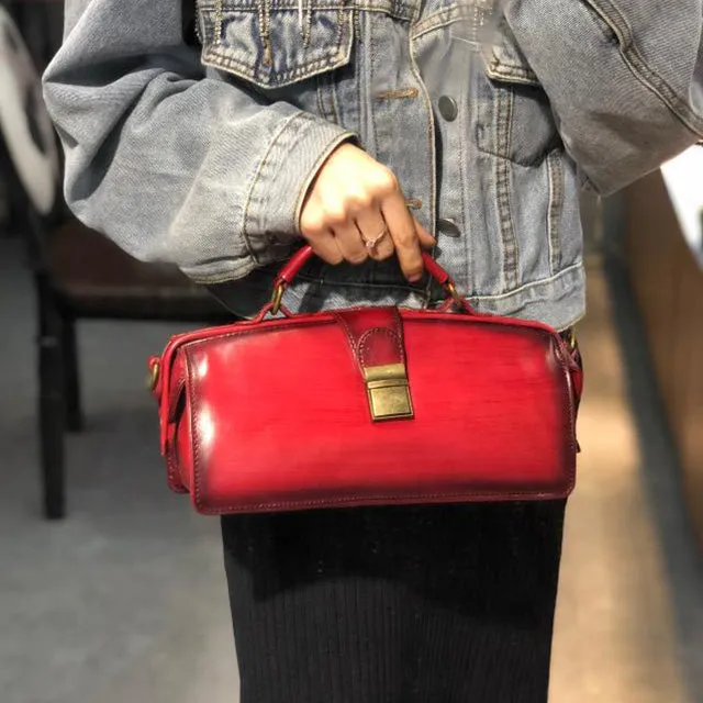 Vintage Women's Doctor Bag Genuine Leather Handbags Shoulder Bags for Women