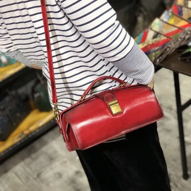 Vintage Women's Doctor Bag Genuine Leather Handbags Shoulder Bags for Women