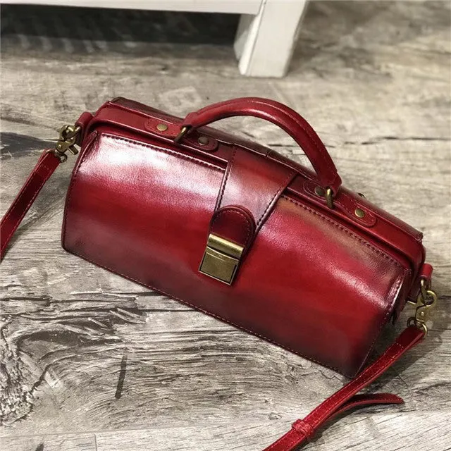 Vintage Women's Doctor Bag Genuine Leather Handbags Shoulder Bags for Women